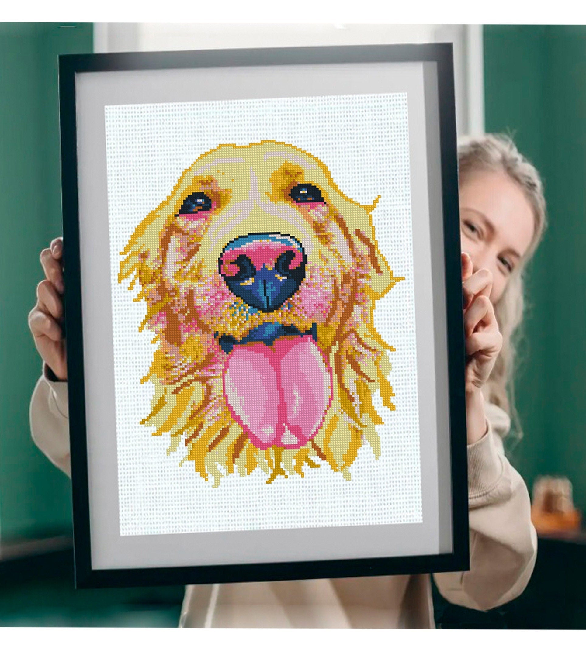 Golden Retriever Cross Stitch Pattern PDF, Golden Retriever Dog Portrait Embroidery Design, Modern Dog Needlework Chart, Dog Lover Gift - NuttyHappyHobby