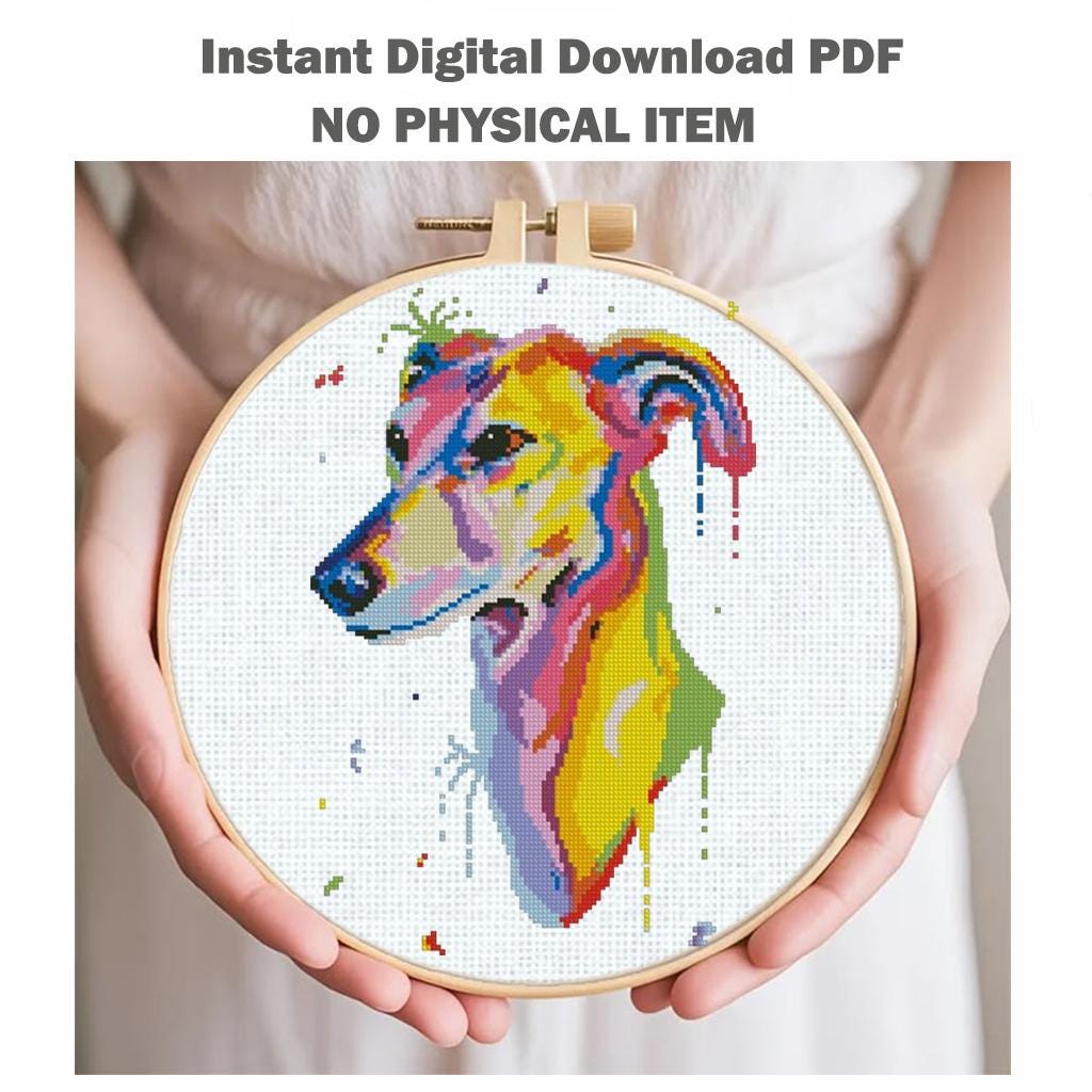 Greyhound Cross Stitch Pattern PDF, Colorful Greyhound Dog Embroidery Design, Modern Dog Portrait Needlework Chart, Dog Lover Gift, download - NuttyHappyHobby