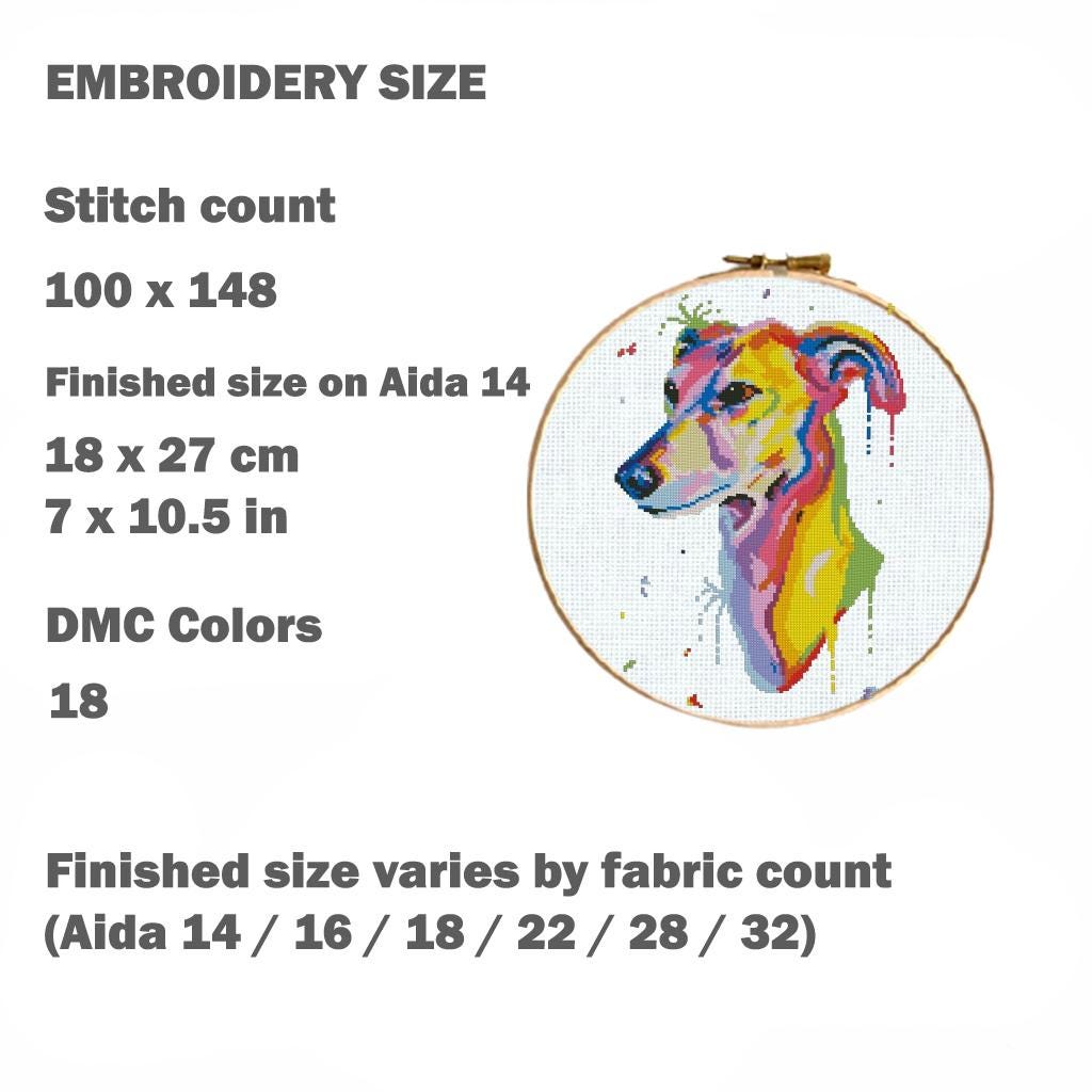 Greyhound Cross Stitch Pattern PDF, Colorful Greyhound Dog Embroidery Design, Modern Dog Portrait Needlework Chart, Dog Lover Gift, download - NuttyHappyHobby