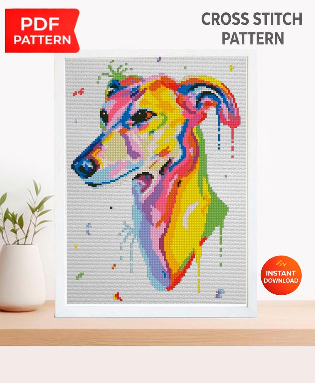 Greyhound Cross Stitch Pattern PDF, Colorful Greyhound Dog Embroidery Design, Modern Dog Portrait Needlework Chart, Dog Lover Gift, download - NuttyHappyHobby