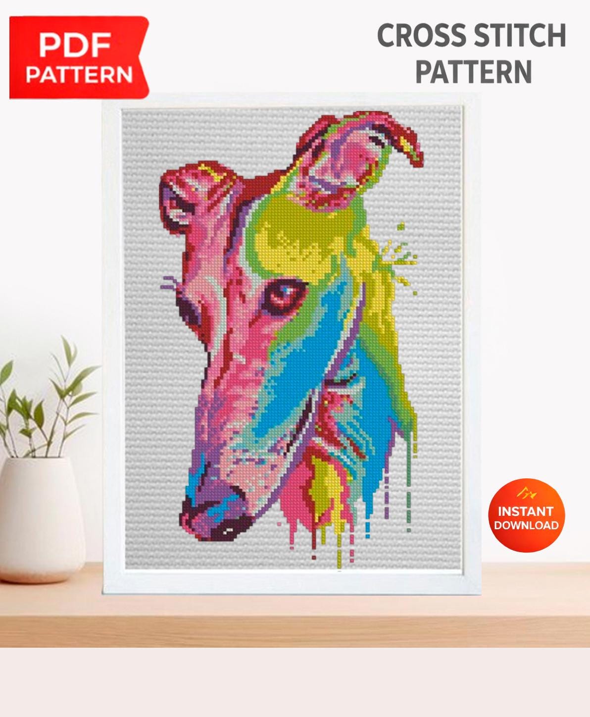 Greyhound Cross Stitch Pattern PDF, Colorful Greyhound Dog Portrait Embroidery Design, Modern Sighthound Needlework Chart, Dog Lover Gift - NuttyHappyHobby