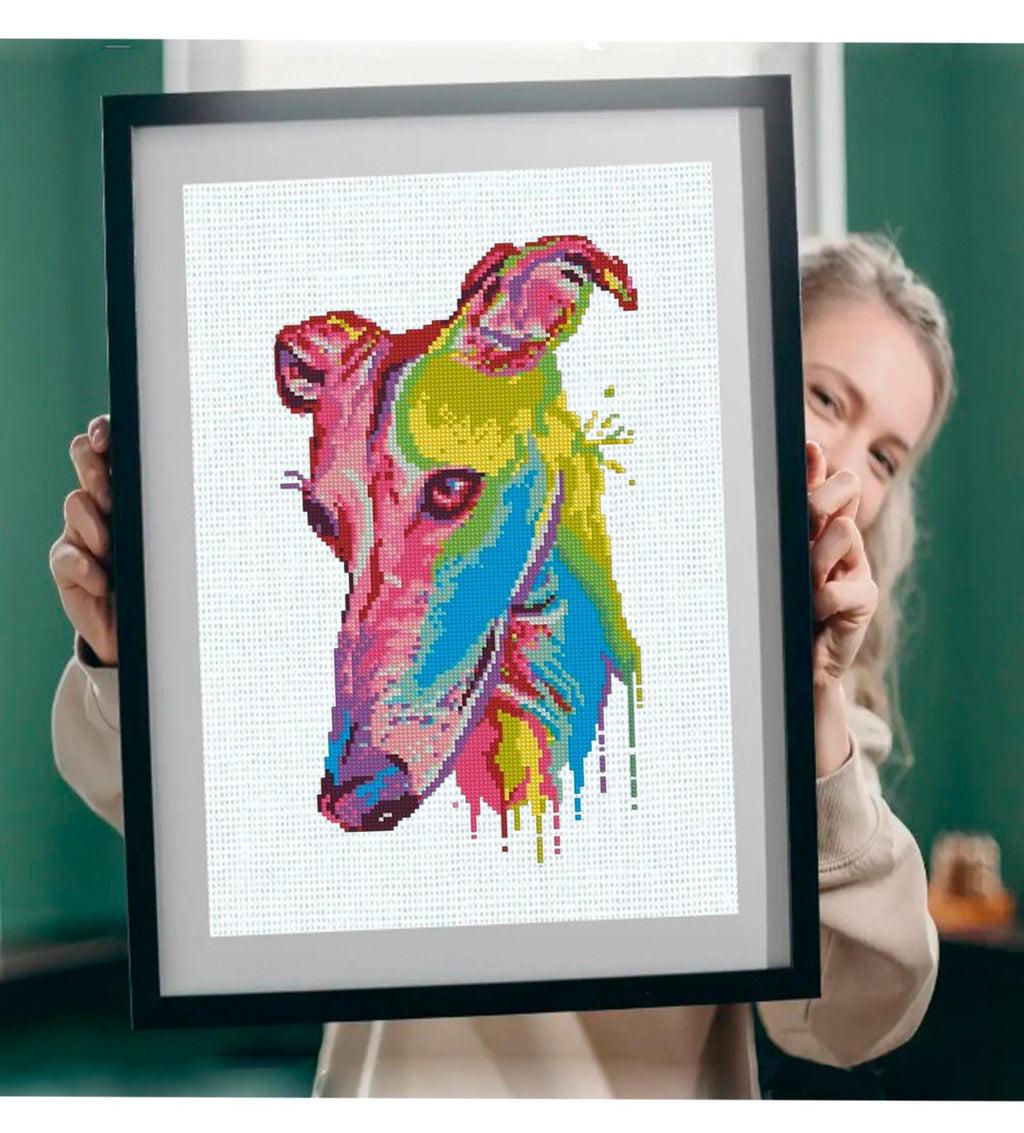 Greyhound Cross Stitch Pattern PDF, Colorful Greyhound Dog Portrait Embroidery Design, Modern Sighthound Needlework Chart, Dog Lover Gift - NuttyHappyHobby