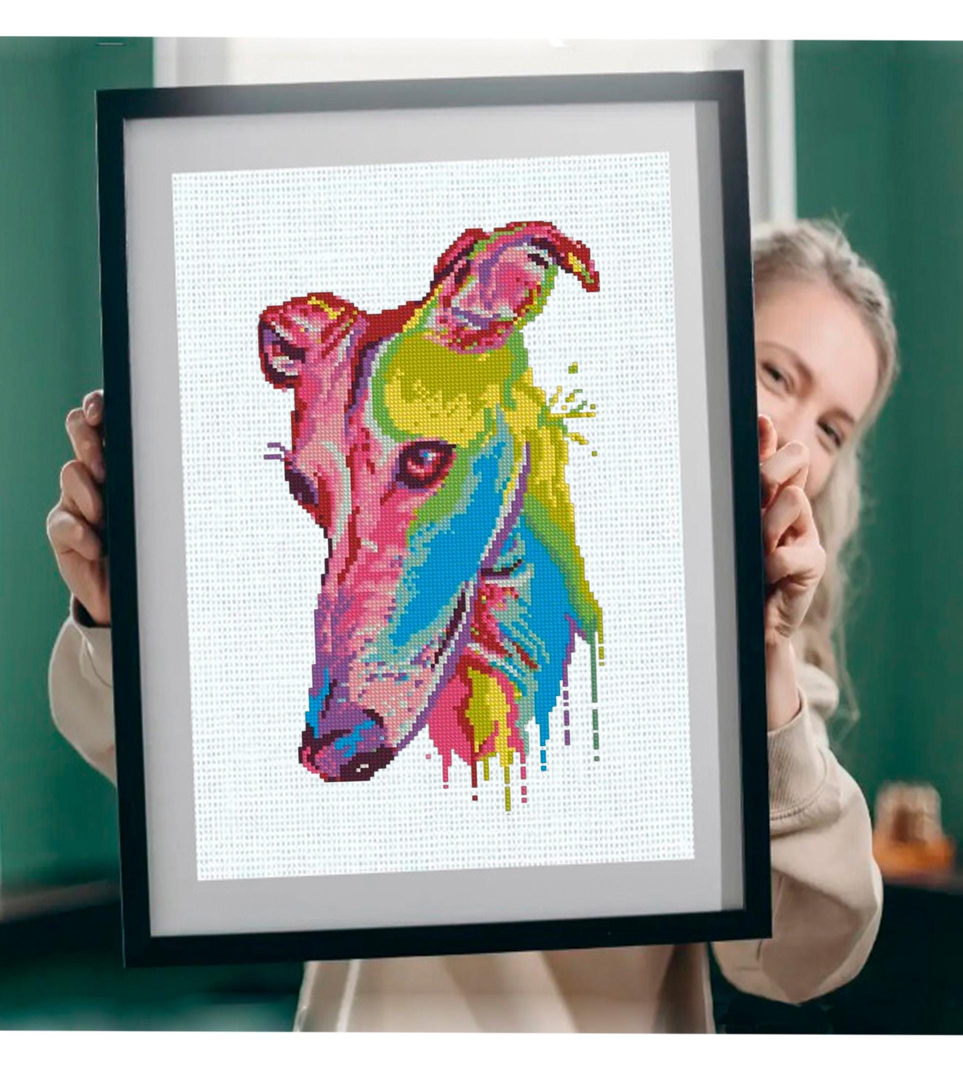 Greyhound Cross Stitch Pattern PDF, Colorful Greyhound Dog Portrait Embroidery Design, Modern Sighthound Needlework Chart, Dog Lover Gift - NuttyHappyHobby
