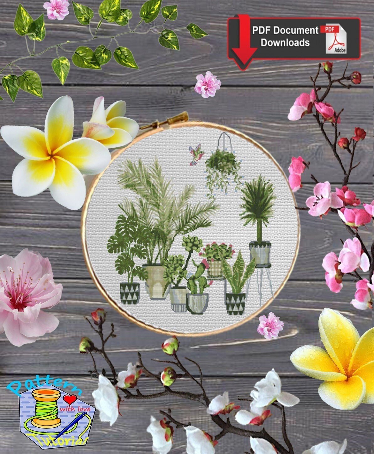 Houseplant Cross Stitch Pattern PDF, Potted Plants & Cactus Set, Modern Botanical Embroidery Chart, Round Hoop Wall Art, Instant Download - NuttyHappyHobby