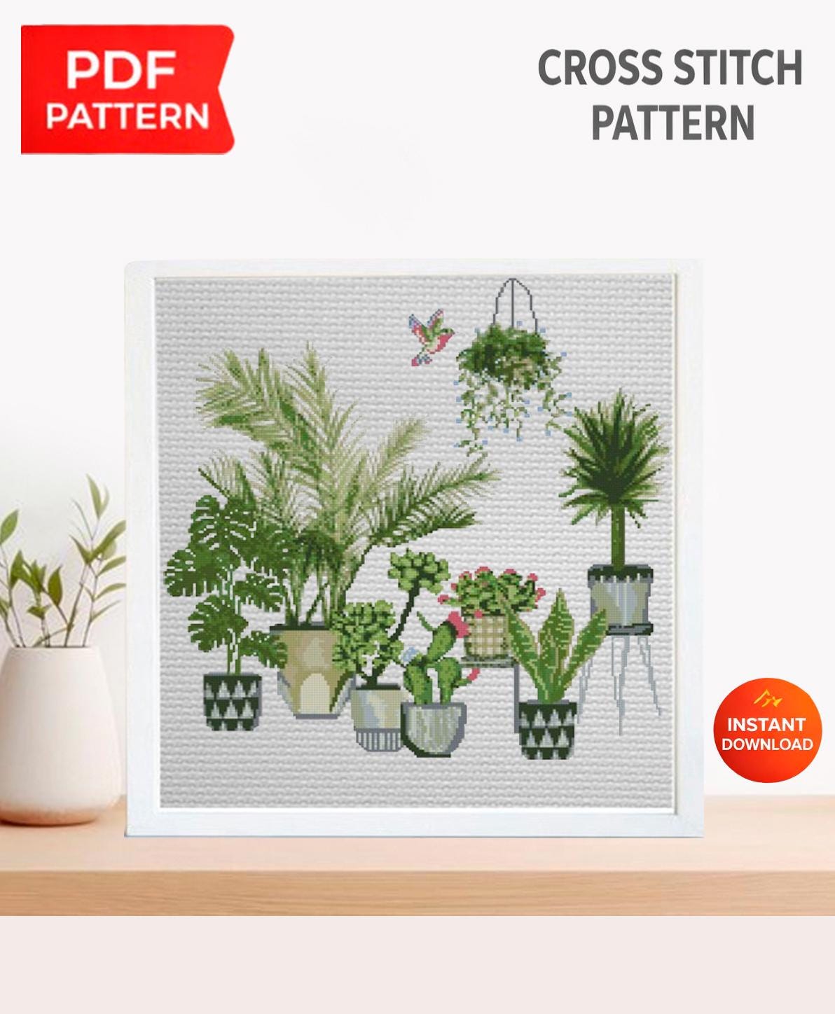 Houseplant Cross Stitch Pattern PDF, Potted Plants & Cactus Set, Modern Botanical Embroidery Chart, Round Hoop Wall Art, Instant Download - NuttyHappyHobby
