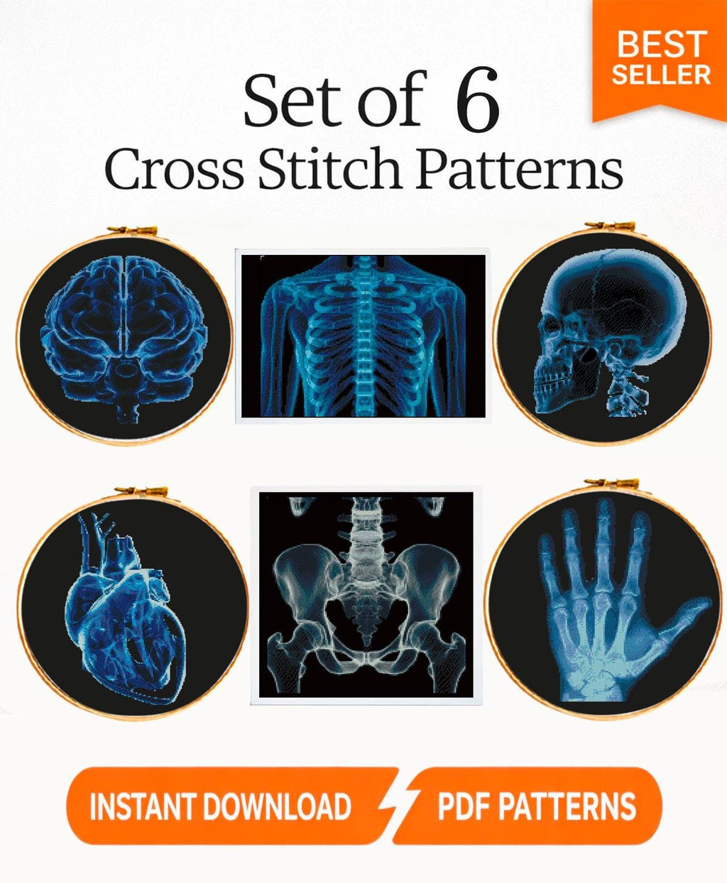 Human Anatomy X Ray Cross Stitch Bundle PDF, Skull Brain Heart Hand Rib Cage Embroidery Patterns, Medical Wall Art Set, Pattern Keeper - NuttyHappyHobby