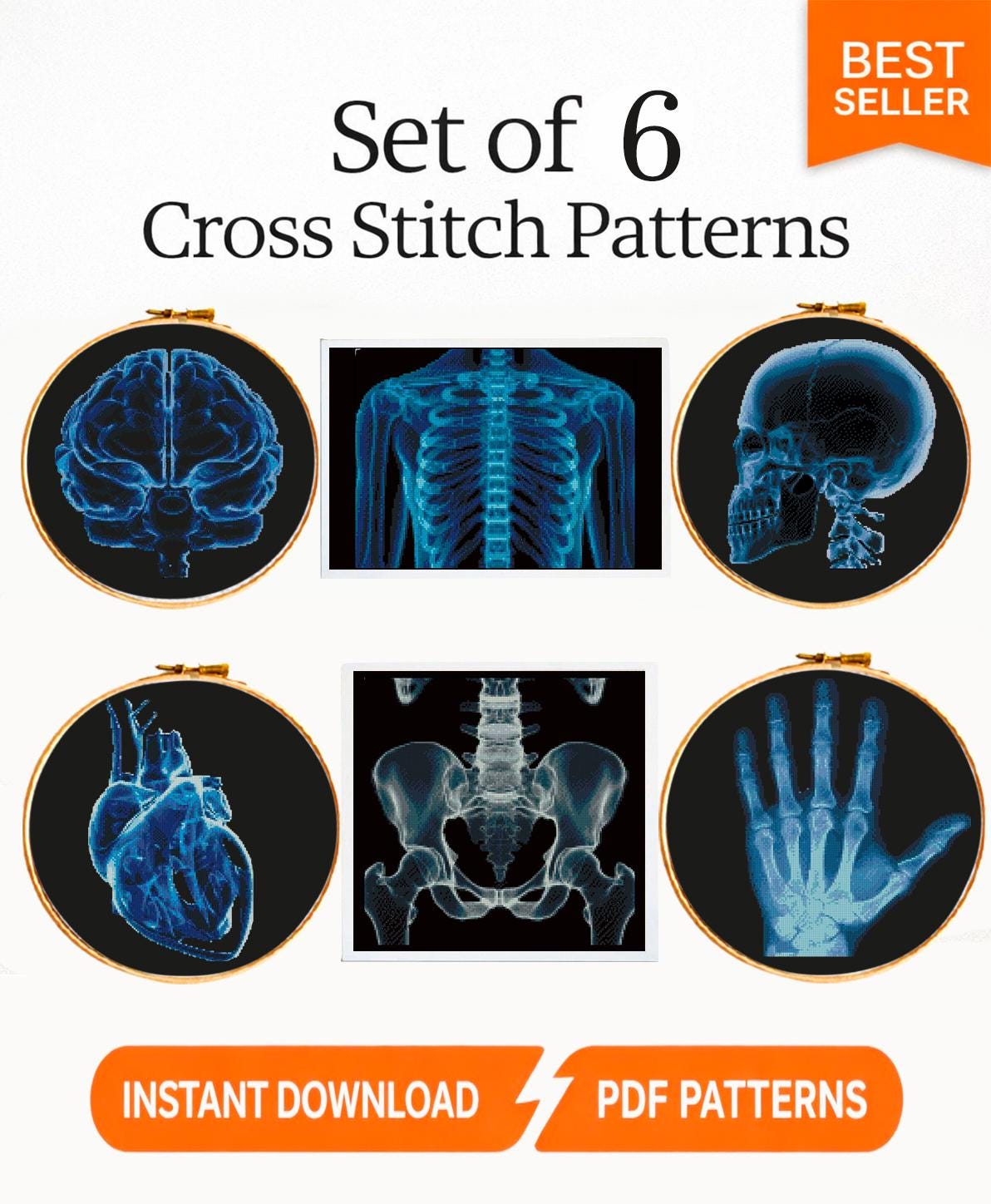 Human Anatomy X Ray Cross Stitch Bundle PDF, Skull Brain Heart Hand Rib Cage Embroidery Patterns, Medical Wall Art Set, Pattern Keeper - NuttyHappyHobby