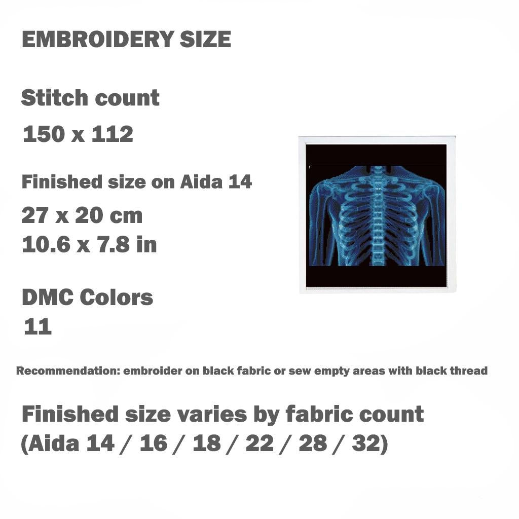 Human Rib Cage X Ray Cross Stitch Pattern PDF, Chest Anatomy Embroidery Design, Medical Skeleton Wall Art Download - NuttyHappyHobby