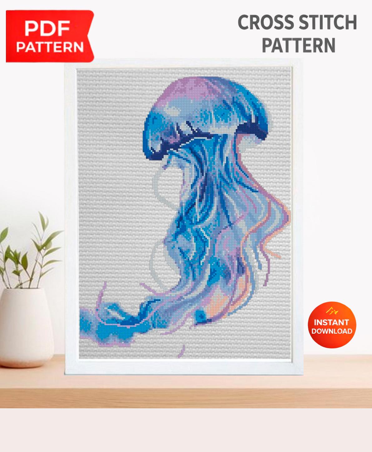 Jellyfish Cross Stitch Pattern PDF, Blue Jellyfish Embroidery Pattern, Ocean Cross Stitch, Marine Life Art, Nautical Decor, download pdf - NuttyHappyHobby