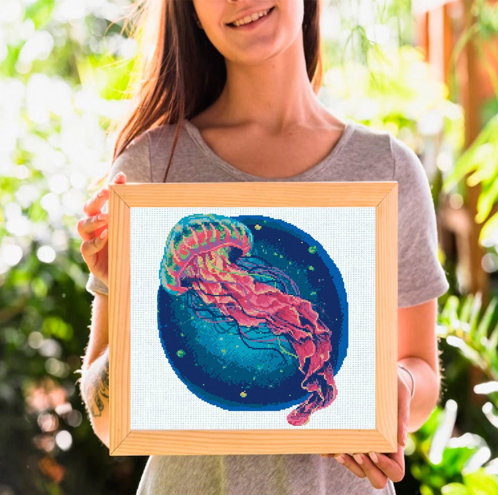 Jellyfish Cross Stitch Pattern PDF, Pink Jellyfish Embroidery Pattern, Ocean Cross Stitch, Marine Life Art, Round Nautical Decor, download - NuttyHappyHobby