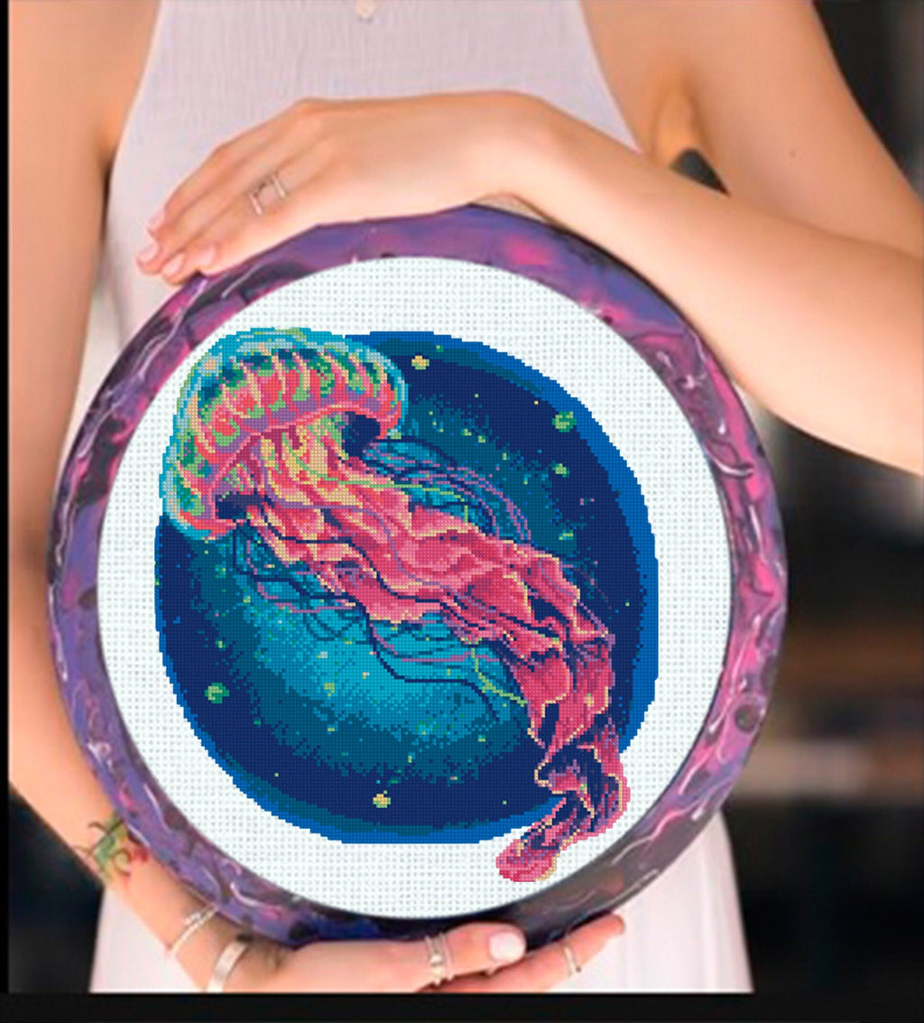 Jellyfish Cross Stitch Pattern PDF, Pink Jellyfish Embroidery Pattern, Ocean Cross Stitch, Marine Life Art, Round Nautical Decor, download - NuttyHappyHobby