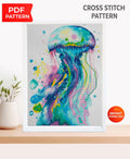 Jellyfish Cross Stitch Pattern PDF, Watercolor Ocean Embroidery, Sea Life Cross Stitch, Marine Animal Art, Nautical Decor, download pdf - NuttyHappyHobby