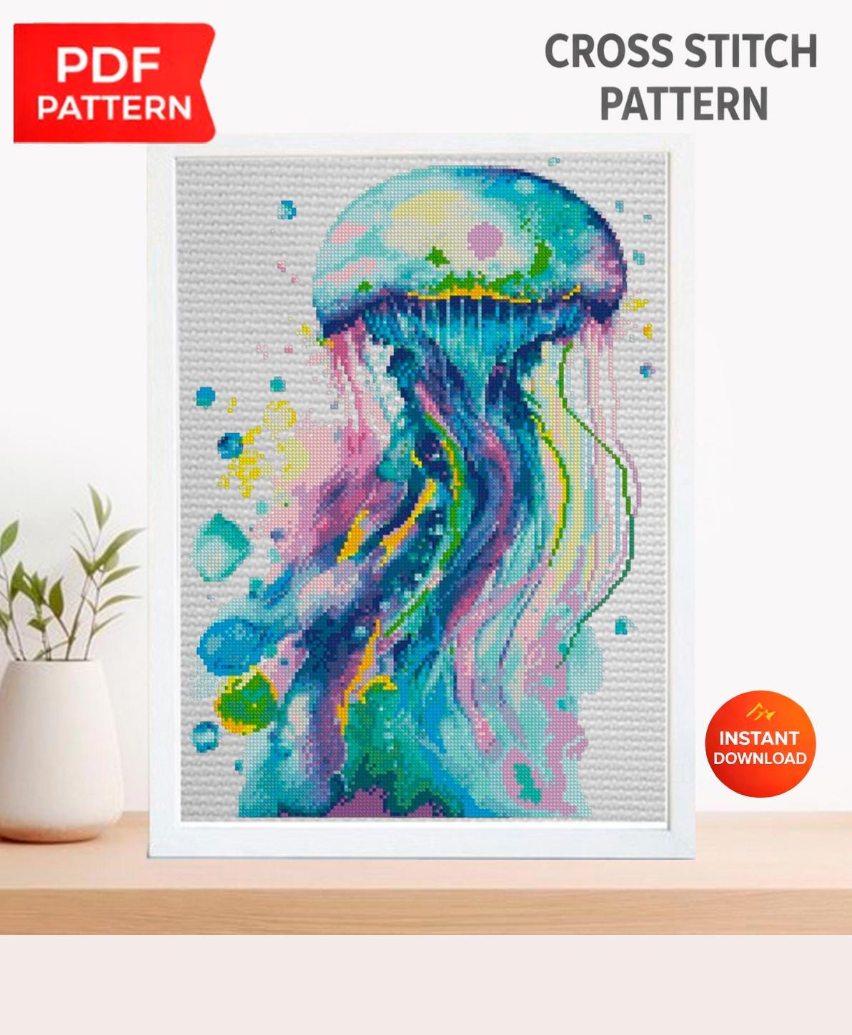 Jellyfish Cross Stitch Pattern PDF, Watercolor Ocean Embroidery, Sea Life Cross Stitch, Marine Animal Art, Nautical Decor, download pdf - NuttyHappyHobby