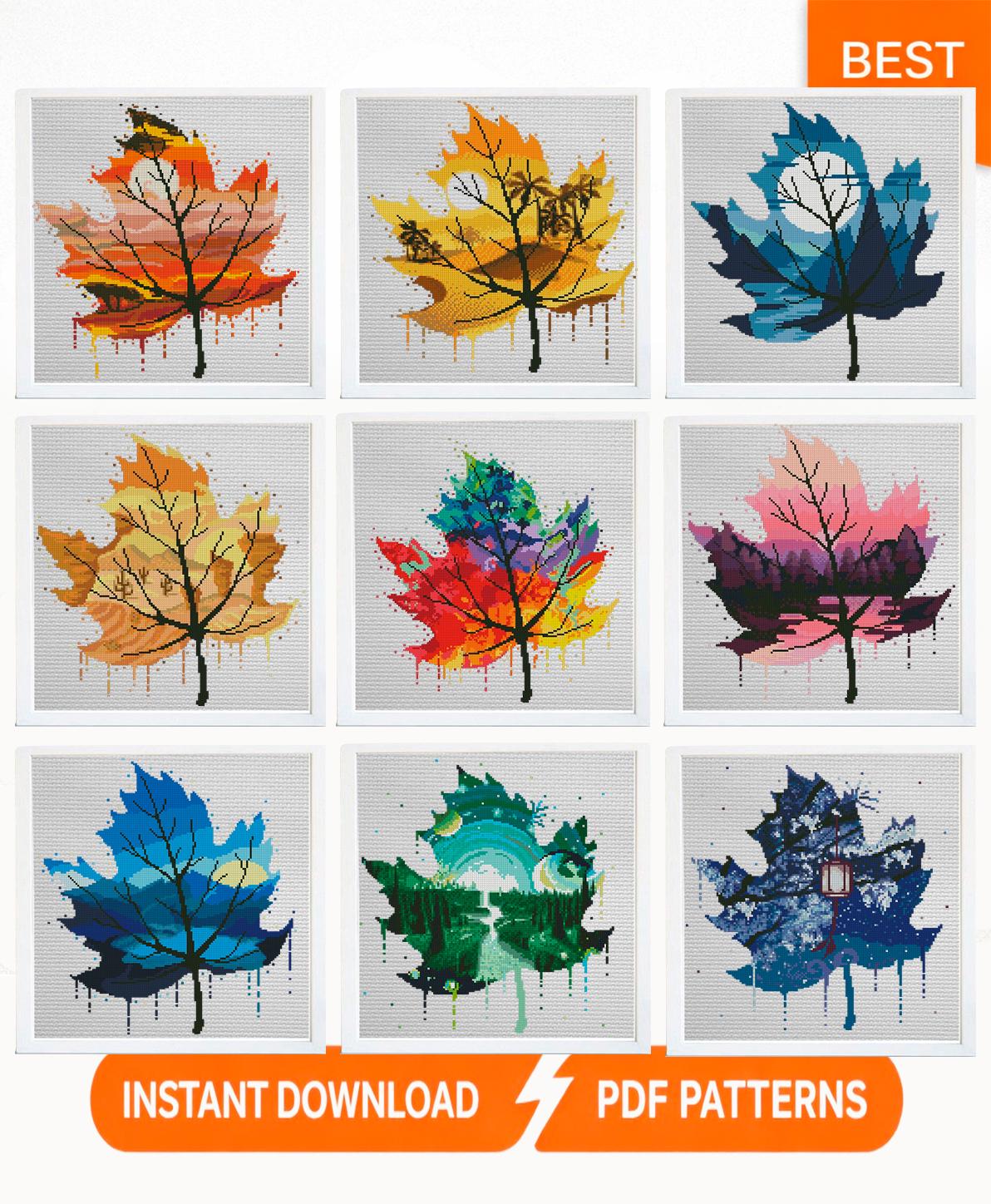 Leaf Cross Stitch Patterns PDF Bundle, Watercolor Autumn Leaves Embroidery Set, Modern Nature Counted Cross Stitch Set Designs Download - NuttyHappyHobby