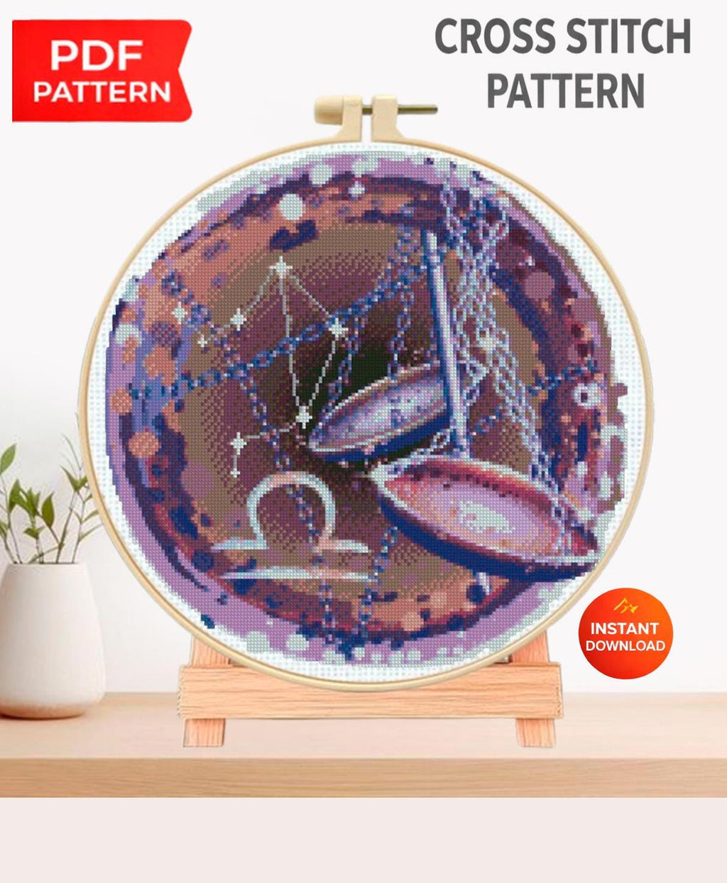 Libra Zodiac Cross Stitch Pattern PDF, Scales Astrology Embroidery Design, Libra Constellation Stitch Chart, Celestial Horoscope Needlework - NuttyHappyHobby