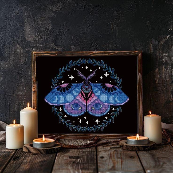 Luna Moth Cross Stitch Pattern PDF, Gothic Moth Embroidery Design, Witchy Celestial Cross Stitch, Dark Academia Decor, Instant Download pdf - NuttyHappyHobby