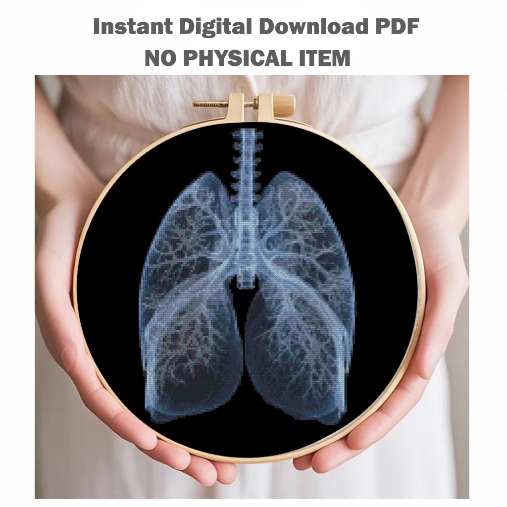 Lungs Cross Stitch Pattern PDF, Human Anatomy Embroidery, Medical Cross Stitch Pattern, Gothic Anatomy Art, Dark Academia Decor Download - NuttyHappyHobby