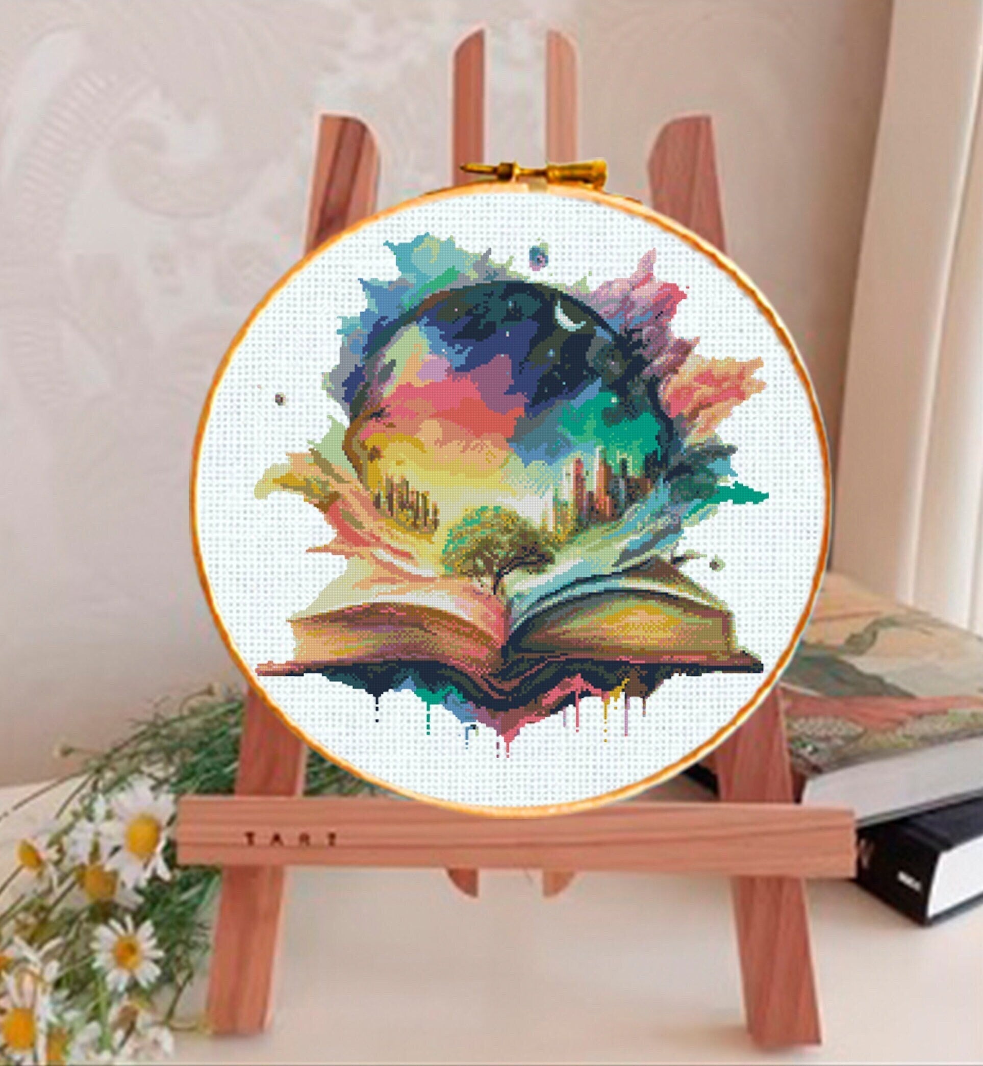 Magic Book Cross Stitch Pattern PDF, Fantasy Book Embroidery Design, Magical Story Cross Stitch, Fantasy Art Cross Stitch Digital Download - NuttyHappyHobby