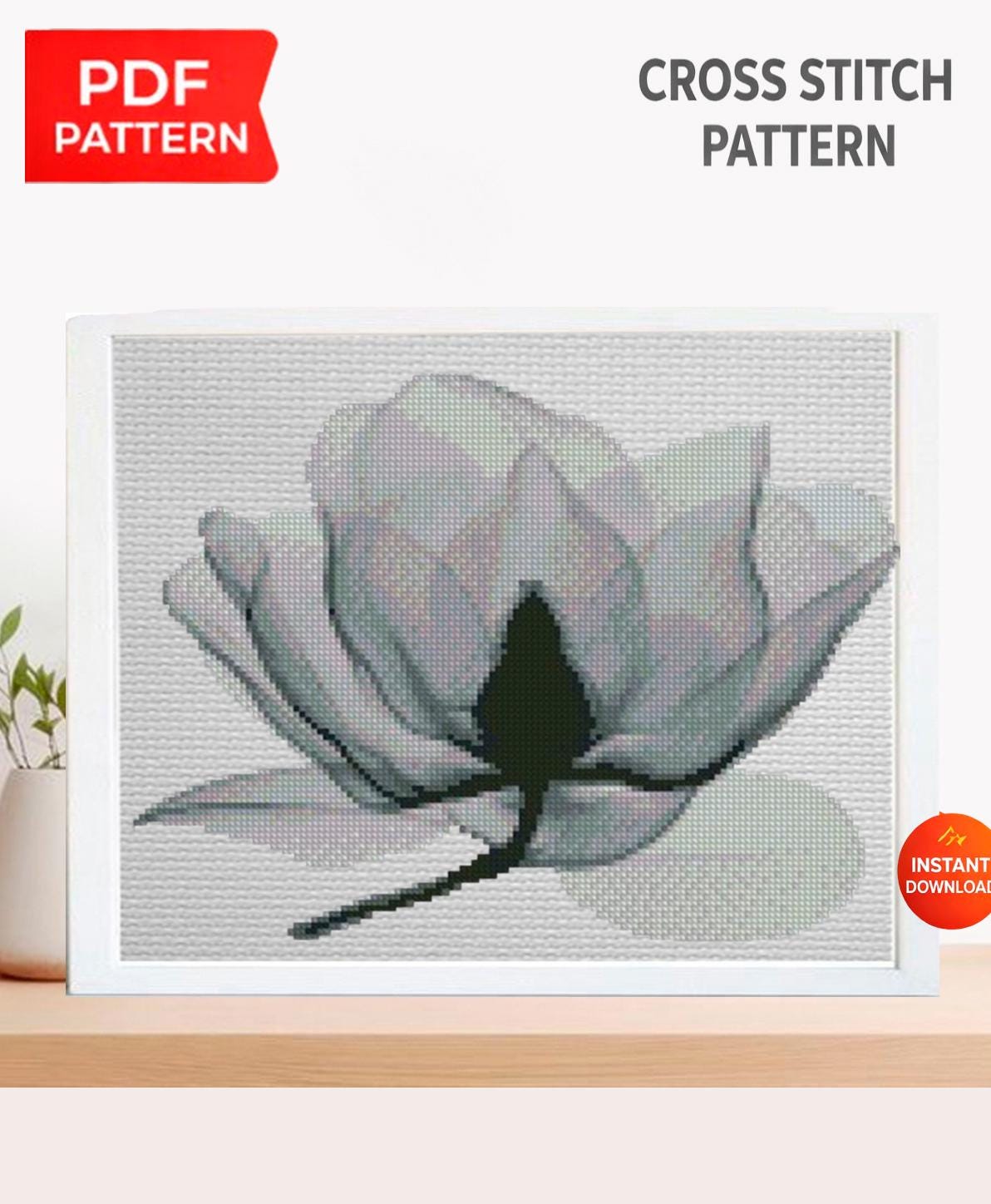 Magnolia Flower Cross Stitch Pattern PDF, Botanical Magnolia Embroidery Chart, Modern Floral Hoop Wall Art, X - Ray Style Flower, Download - NuttyHappyHobby