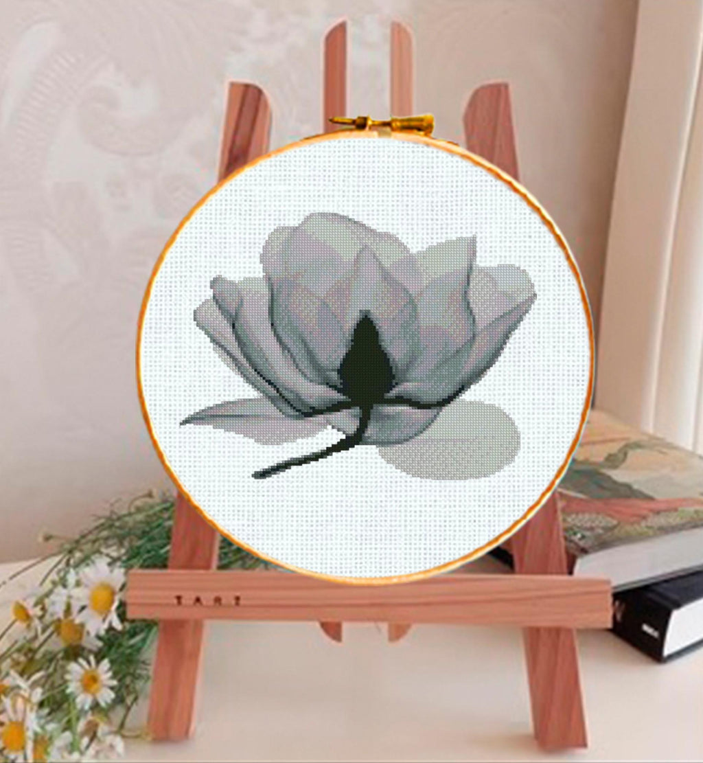Magnolia Flower Cross Stitch Pattern PDF, Botanical Magnolia Embroidery Chart, Modern Floral Hoop Wall Art, X - Ray Style Flower, Download - NuttyHappyHobby