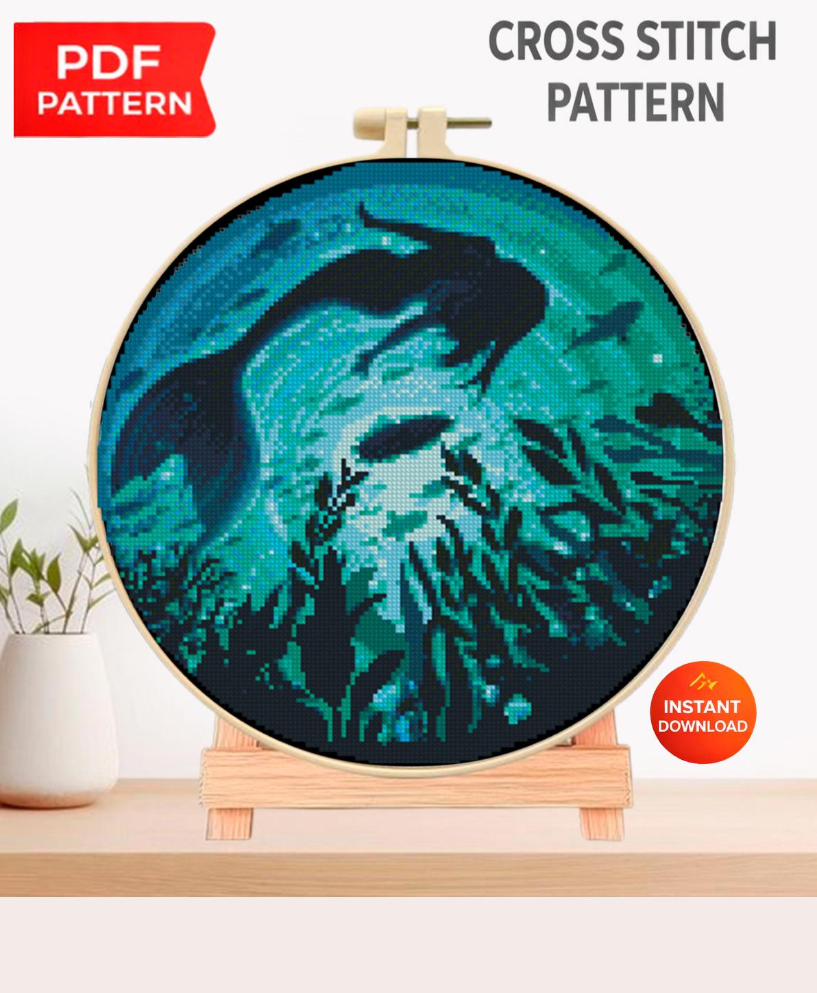 Mermaid Cross Stitch Pattern PDF, Underwater Mermaid Embroidery Design, Ocean Fantasy Cross Stitch, Mermaid Silhouette Cross Stitch Download - NuttyHappyHobby