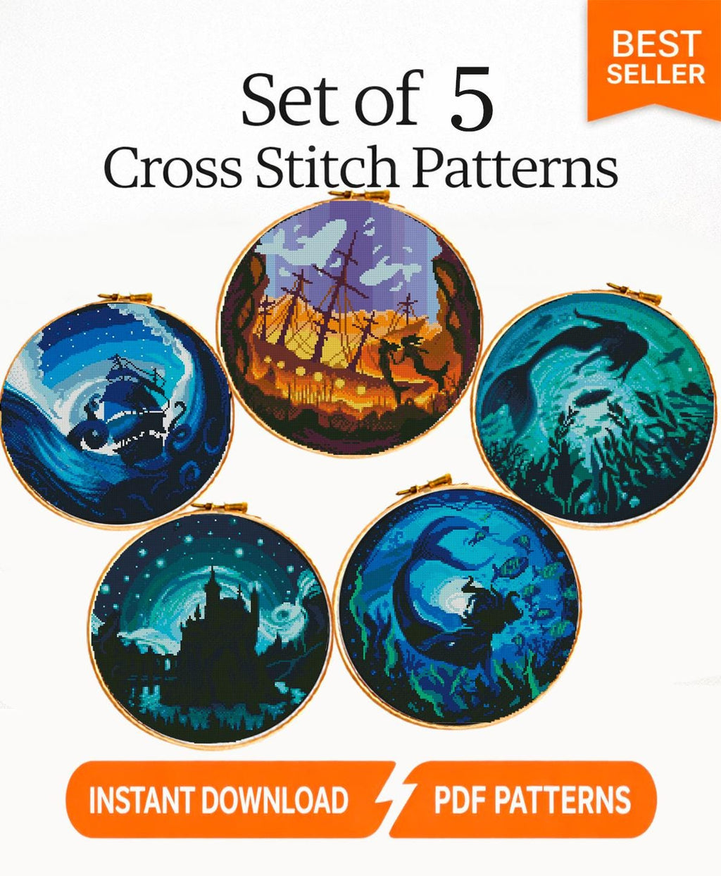 Mermaid Cross Stitch Pattern Set PDF, Ocean Fantasy Cross Stitch Bundle, Mermaid and Sea Life Embroidery Designs, Cross Stitch Download pdf - NuttyHappyHobby