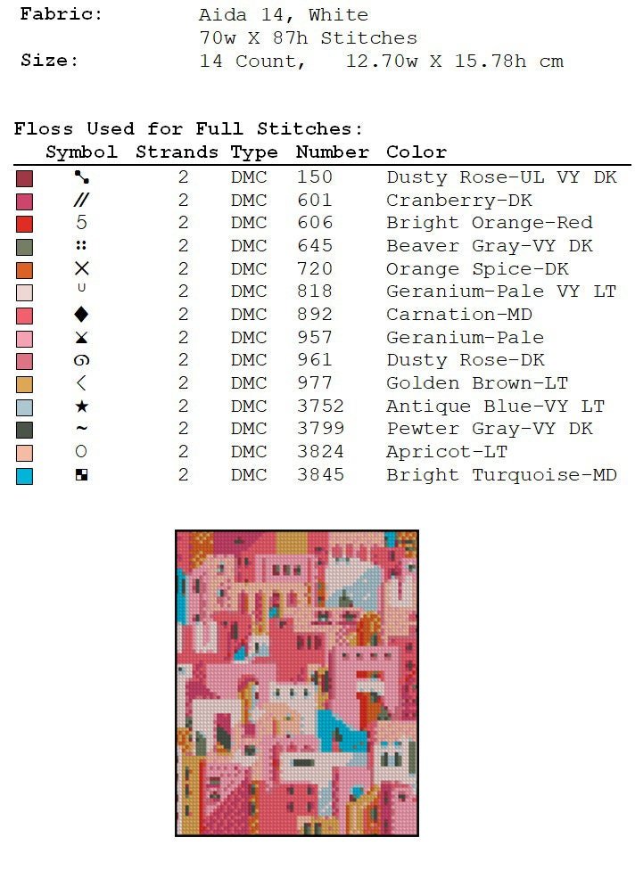Mini Colorful City Cross Stitch Pattern PDF, Cute Pink Houses Town Embroidery Design, Small City Landscape Cross Stitch Digital Download - NuttyHappyHobby