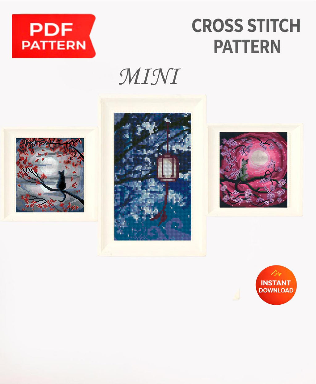 Mini Cross Stitch Pattern Set PDF, 3 Nature Landscape Embroidery Designs, Lantern Bird Tree Modern Cross Stitch Bundle Digital Download pdf - NuttyHappyHobby