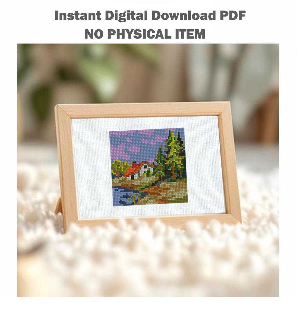 Mini Landscape Cross Stitch Pattern PDF, Cottage Forest Nature Embroidery Design, Small Mountain House Cross Stitch Digital Download pdf - NuttyHappyHobby