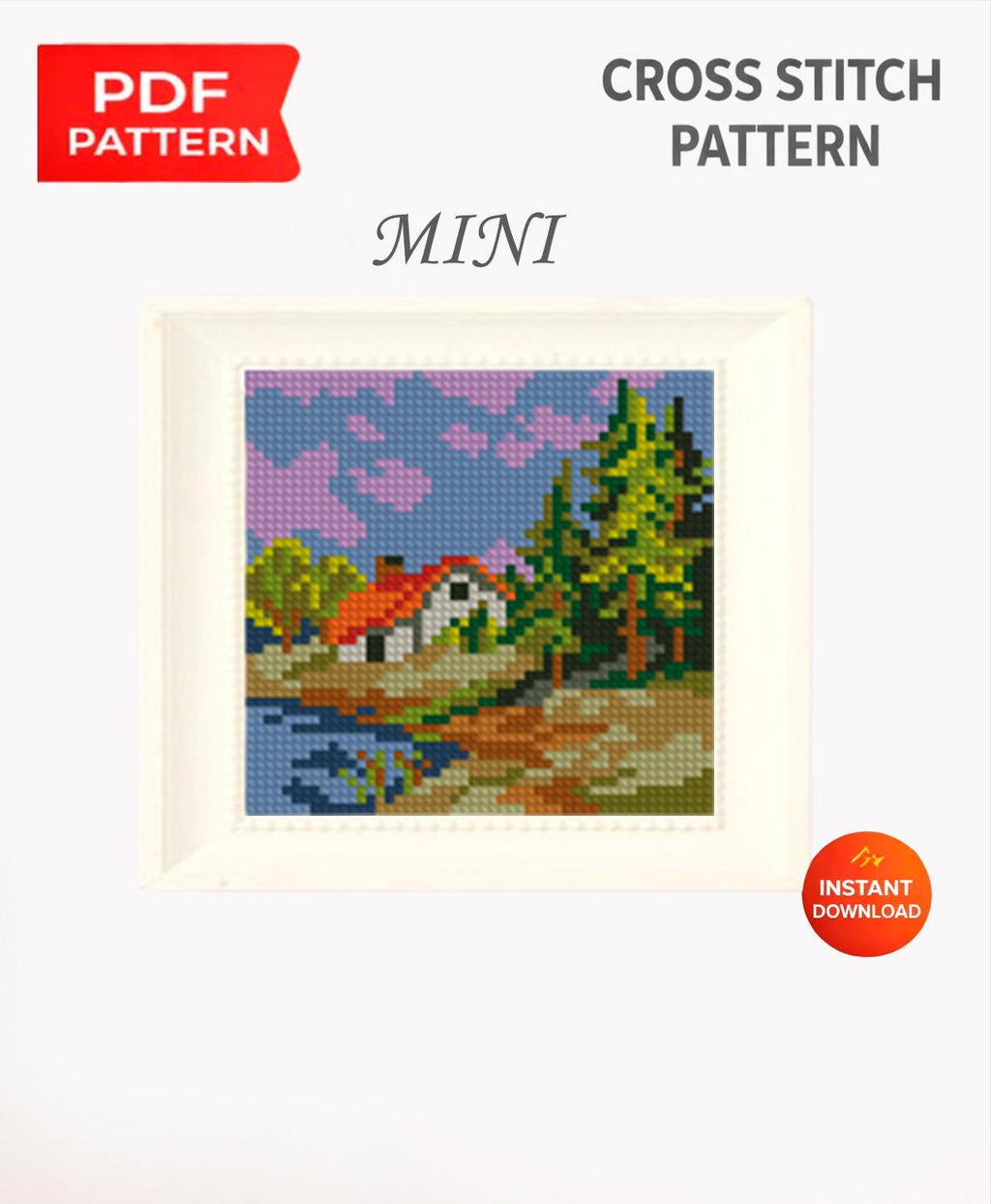 Mini Landscape Cross Stitch Pattern PDF, Cottage Forest Nature Embroidery Design, Small Mountain House Cross Stitch Digital Download pdf - NuttyHappyHobby