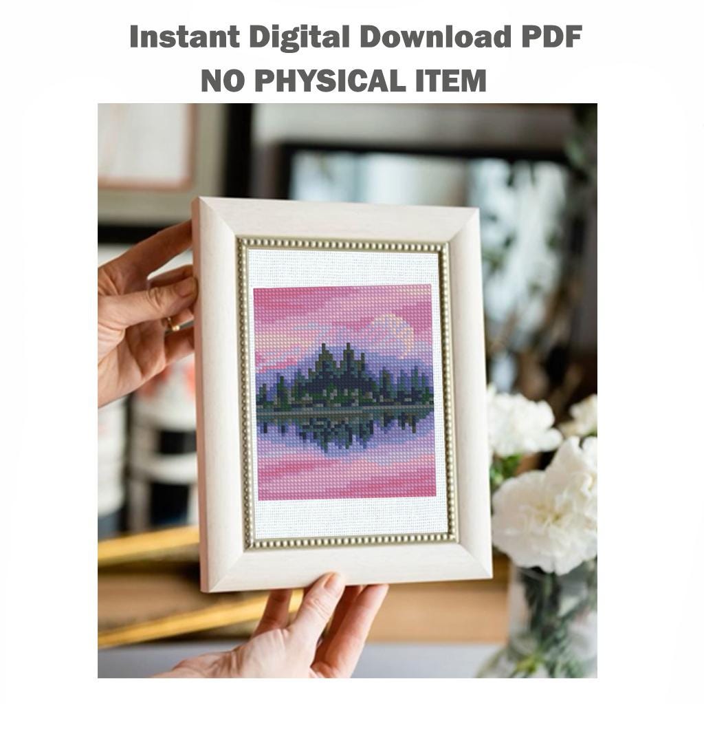 Mini Landscape Cross Stitch Pattern PDF, Forest Lake Reflection Embroidery Design, Nature Modern Cross Stitch, Small Hoop Art Digital pdf - NuttyHappyHobby