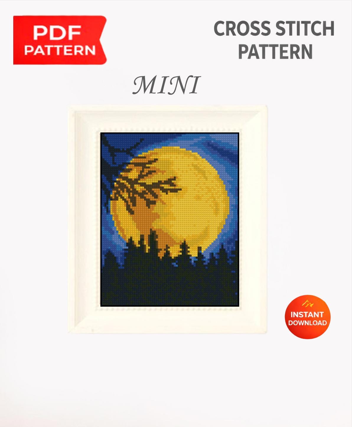 Mini Moon Cross Stitch Pattern PDF, Night Forest Landscape Embroidery Design, Full Moon Modern Cross Stitch, Small Hoop Art Digital Download - NuttyHappyHobby