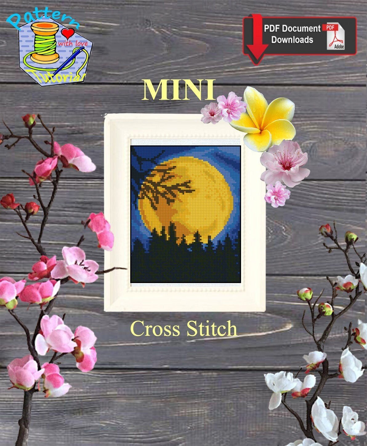 Mini Moon Cross Stitch Pattern PDF, Night Forest Landscape Embroidery Design, Full Moon Modern Cross Stitch, Small Hoop Art Digital Download - NuttyHappyHobby