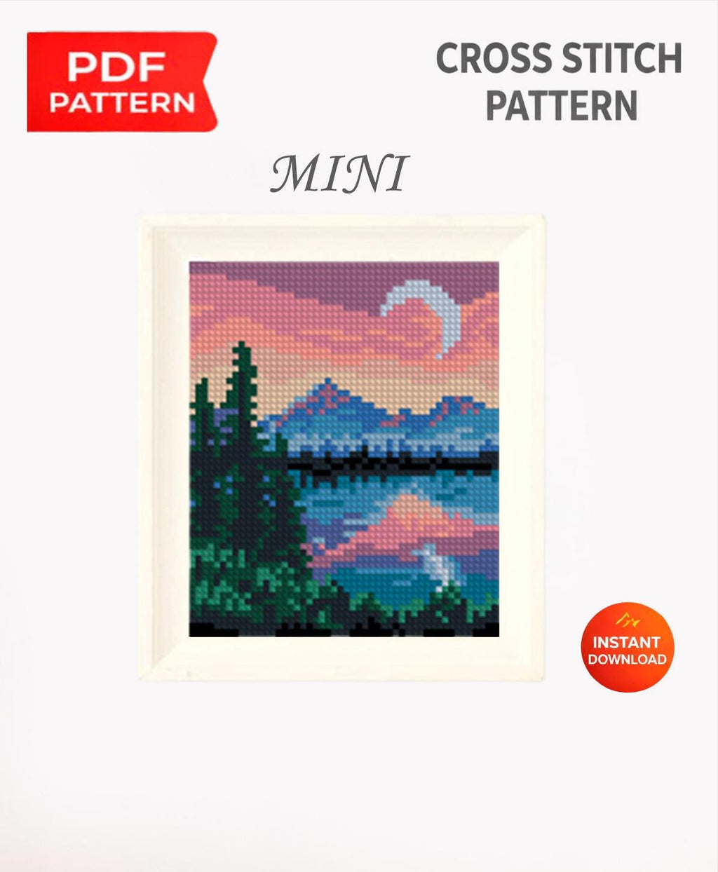 Mini Mountain Lake Cross Stitch Pattern PDF, Sunset Landscape Embroidery Design, Small Nature Cross Stitch Digital Download pdf - NuttyHappyHobby