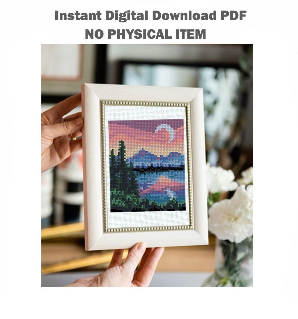 Mini Mountain Lake Cross Stitch Pattern PDF, Sunset Landscape Embroidery Design, Small Nature Cross Stitch Digital Download pdf - NuttyHappyHobby