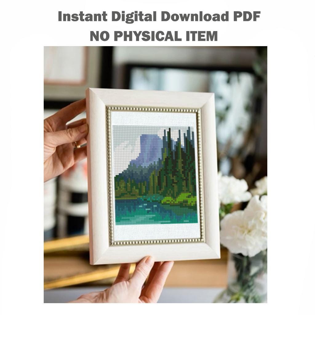 Mini Mountain Landscape Cross Stitch Pattern PDF, Forest Lake Nature Embroidery Design, Modern Mini Cross Stitch Digital Download pdf - NuttyHappyHobby
