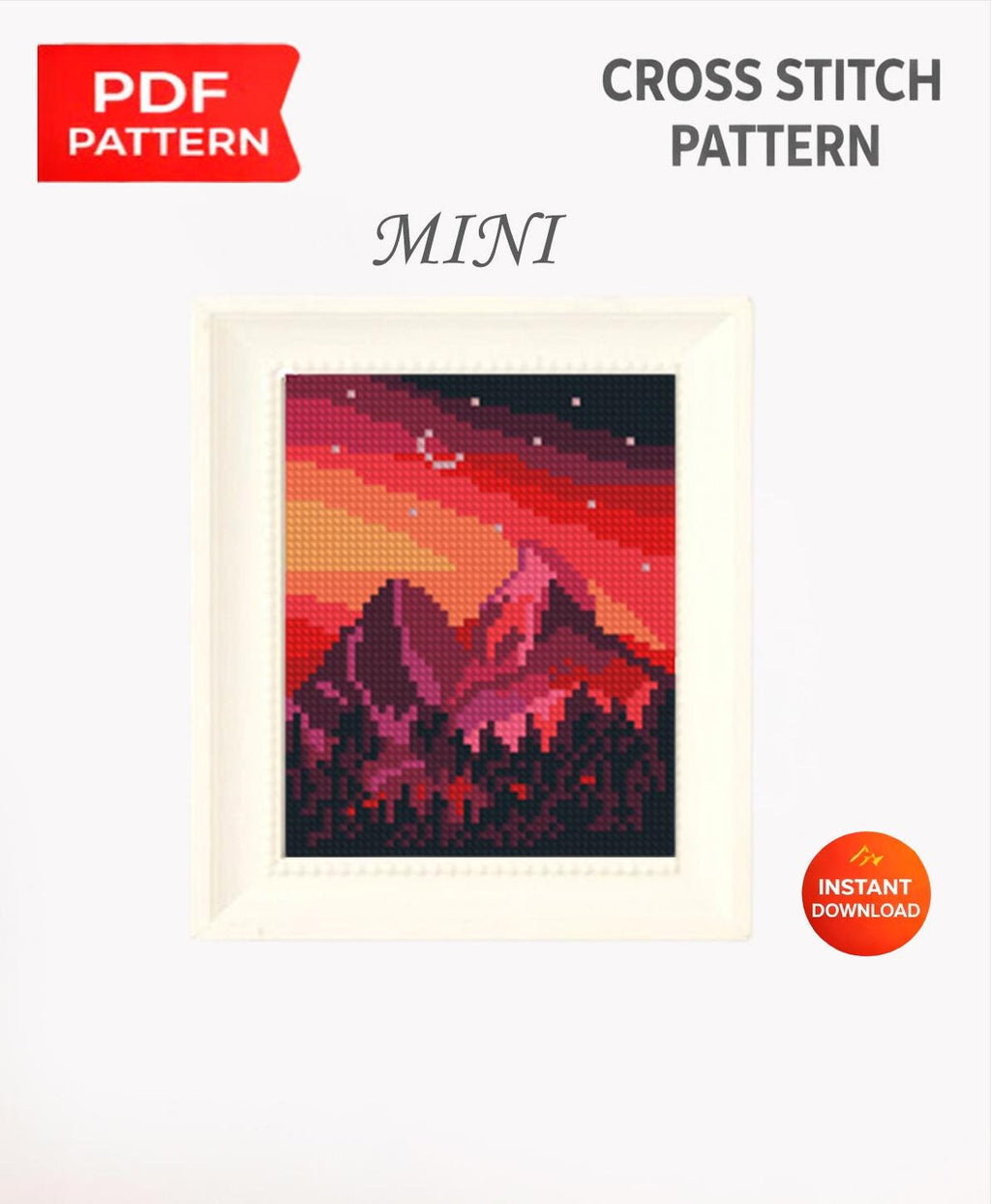 Mini Mountain Sunset Cross Stitch Pattern PDF, Red Sky Landscape Embroidery Design, Small Nature Cross Stitch Digital Download pdf - NuttyHappyHobby