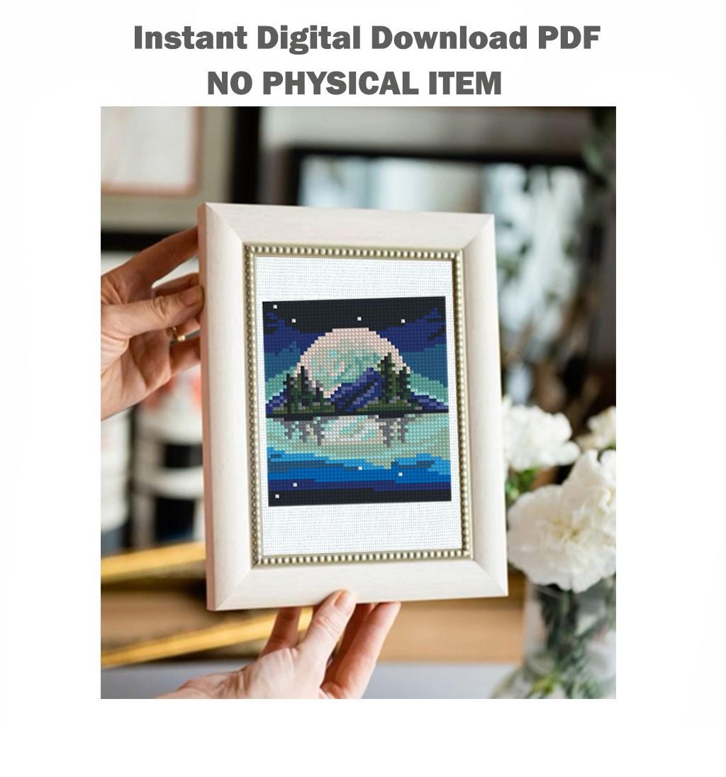 Mini Night Landscape Cross Stitch Pattern PDF, Moon Mountain Lake Embroidery Design, Small Nature Cross Stitch Digital Download pdf - NuttyHappyHobby