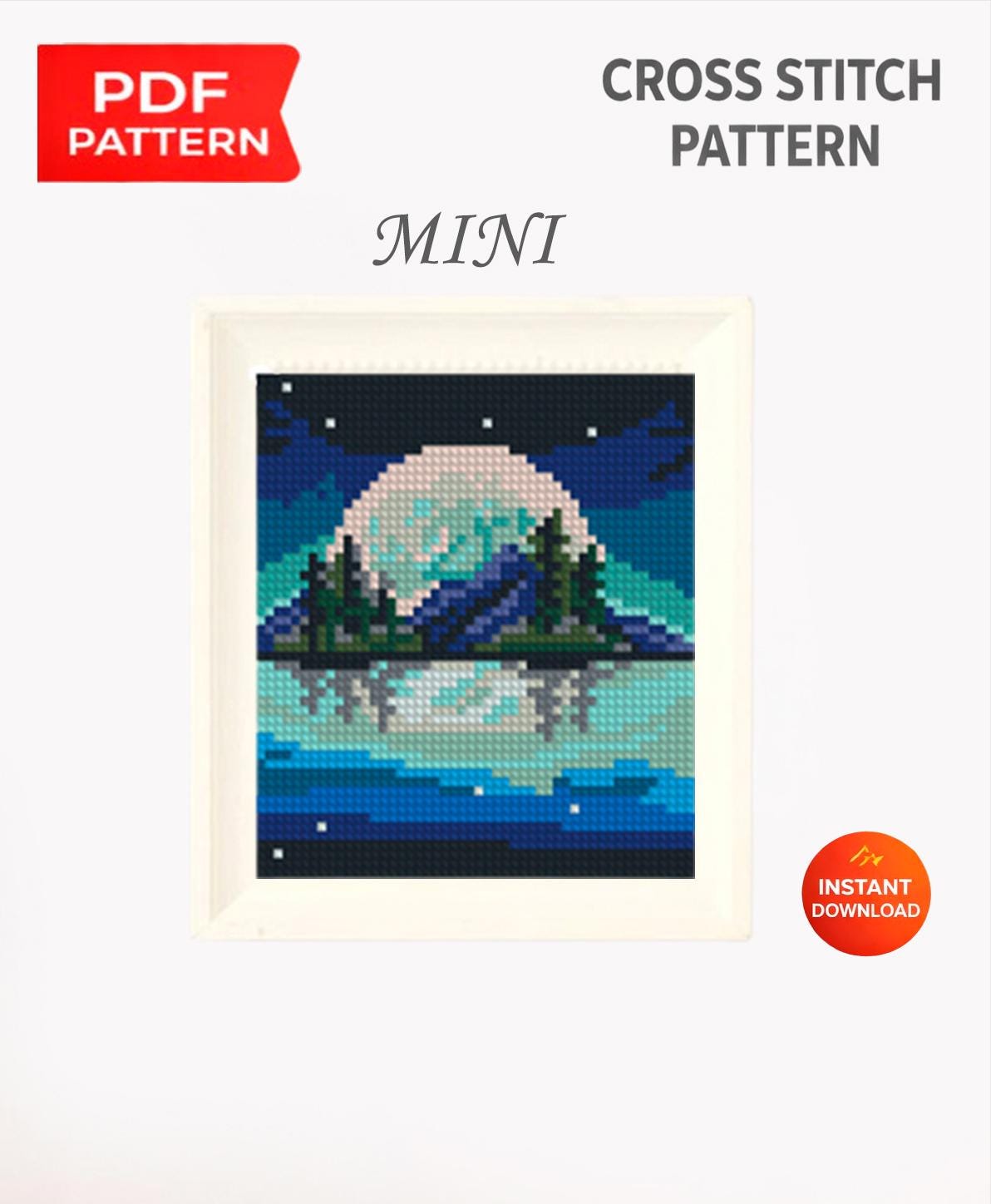 Mini Night Landscape Cross Stitch Pattern PDF, Moon Mountain Lake Embroidery Design, Small Nature Cross Stitch Digital Download pdf - NuttyHappyHobby