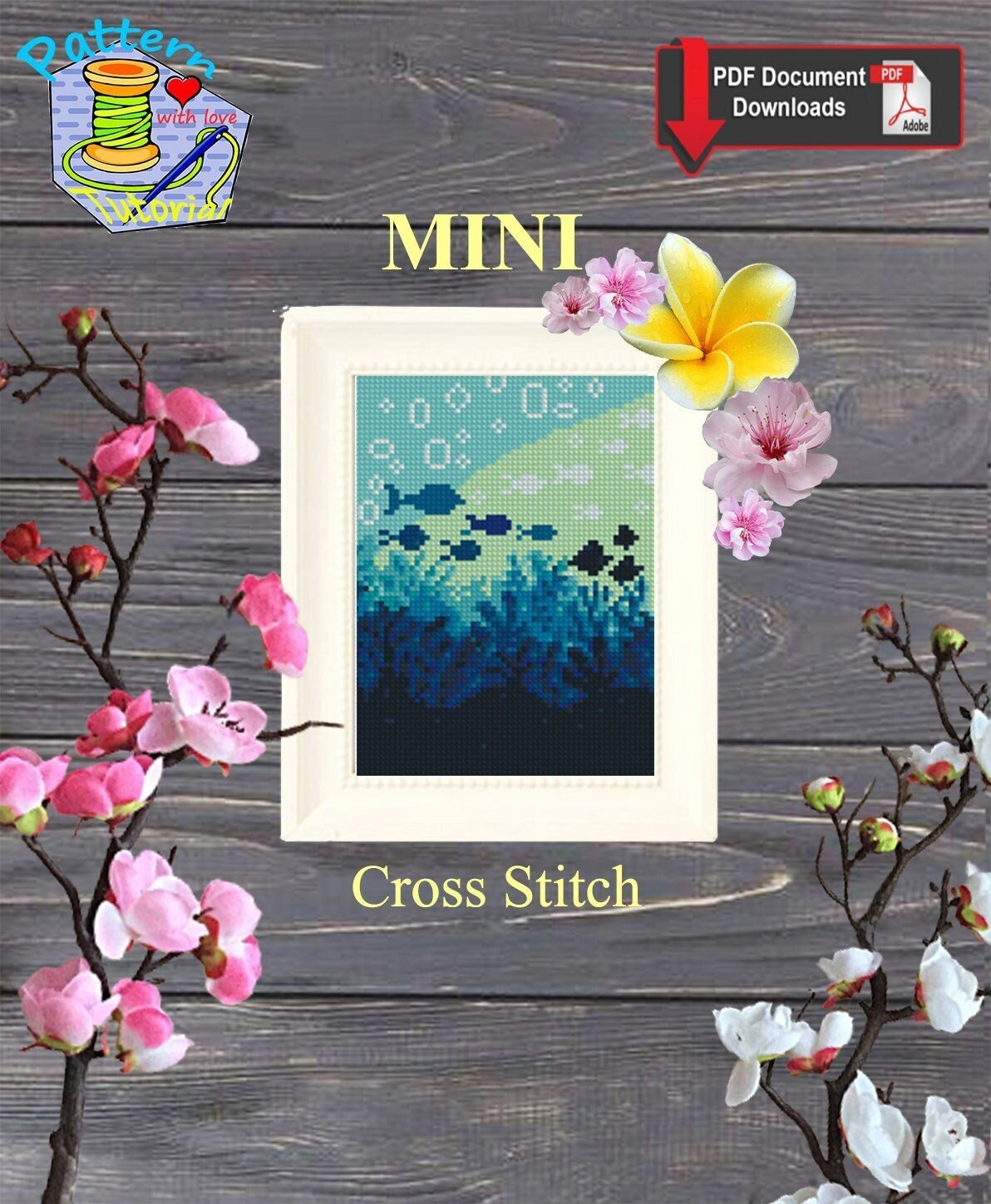 Mini Ocean Cross Stitch Pattern PDF, Underwater Fish Embroidery Design, Sea Life Mini Cross Stitch Landscape Digital Download pdf - NuttyHappyHobby