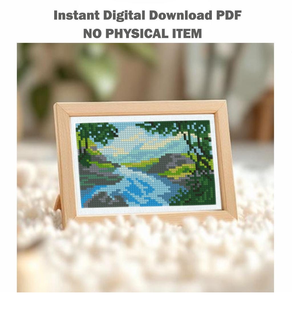 Mini River Landscape Cross Stitch Pattern PDF, Mountain Valley Nature Embroidery Design, Forest Stream Modern Mini Cross Stitch, masterpiece - NuttyHappyHobby