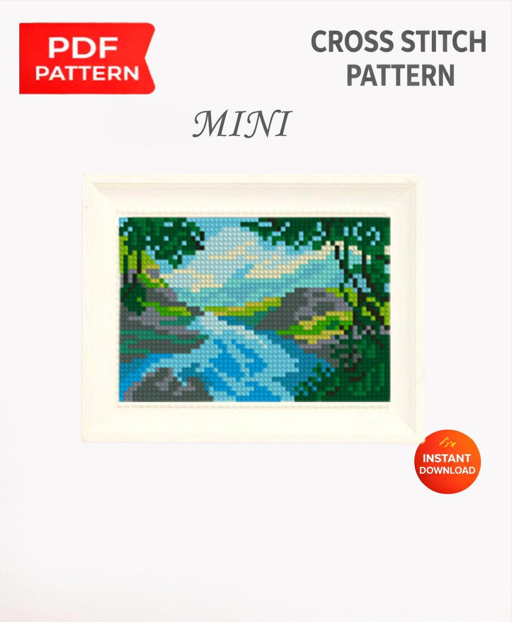 Mini River Landscape Cross Stitch Pattern PDF, Mountain Valley Nature Embroidery Design, Forest Stream Modern Mini Cross Stitch, masterpiece - NuttyHappyHobby