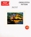 Mini Sunset Lake Cross Stitch Pattern PDF, Tree Silhouette Landscape Embroidery Design, Small Nature Cross Stitch Digital Download pdf - NuttyHappyHobby