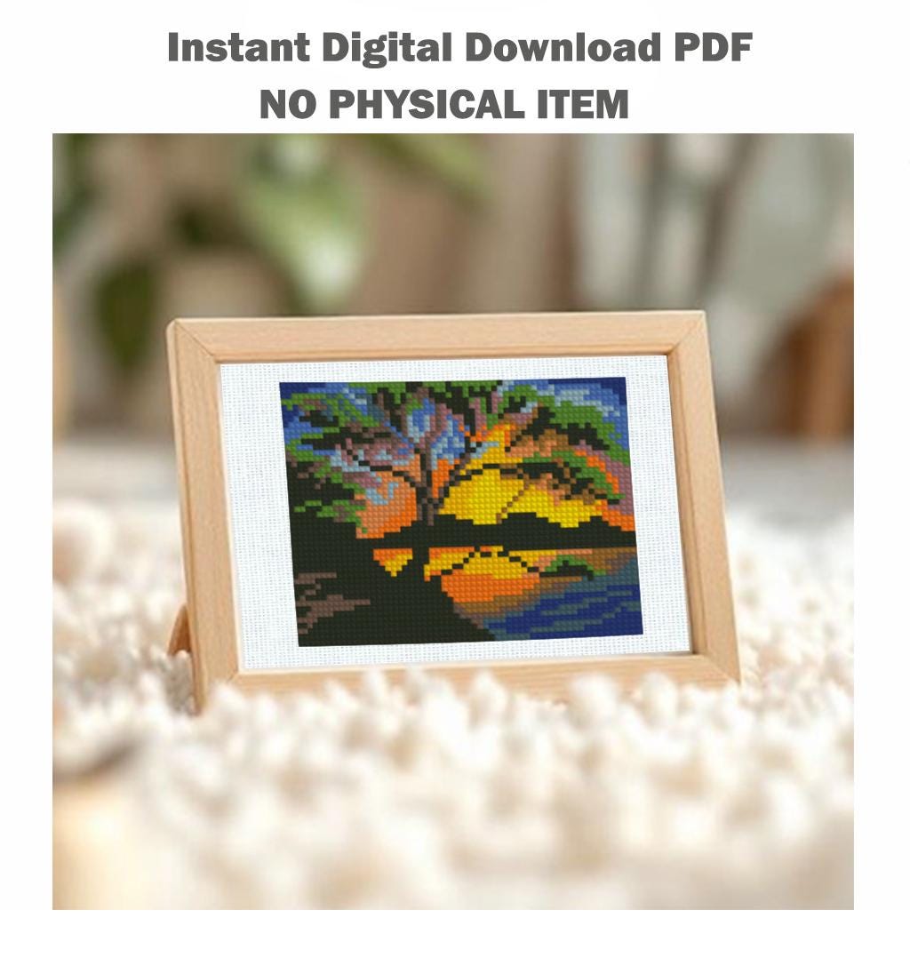 Mini Sunset Lake Cross Stitch Pattern PDF, Tree Silhouette Landscape Embroidery Design, Small Nature Cross Stitch Digital Download pdf - NuttyHappyHobby
