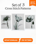 Minimalist Black Flower Cross Stitch Pattern Set PDF, 3 Botanical Floral Charts, Modern Monochrome Embroidery, Instant Download pdf - NuttyHappyHobby