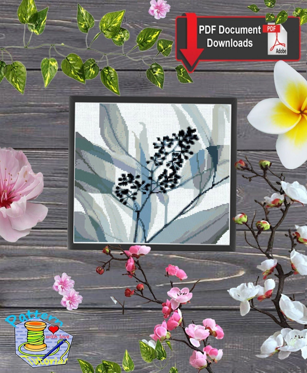 Minimalist Botanical Cross Stitch Pattern PDF, Modern Leaf & Wildflower Silhouette, Monochrome Floral Embroidery Chart, Hoop Wall Art pdf - NuttyHappyHobby