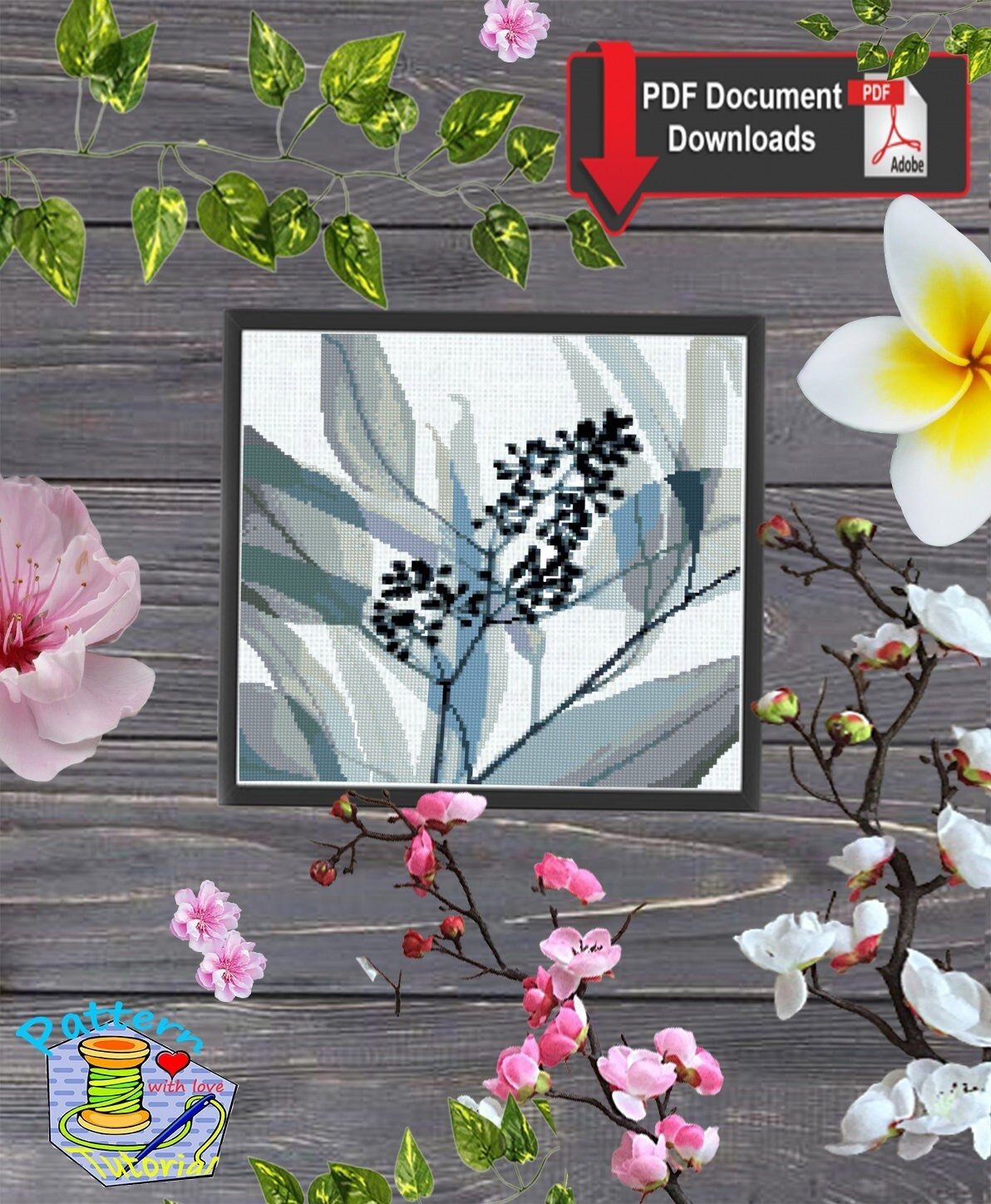 Minimalist Botanical Cross Stitch Pattern PDF, Modern Leaf & Wildflower Silhouette, Monochrome Floral Embroidery Chart, Hoop Wall Art pdf - NuttyHappyHobby