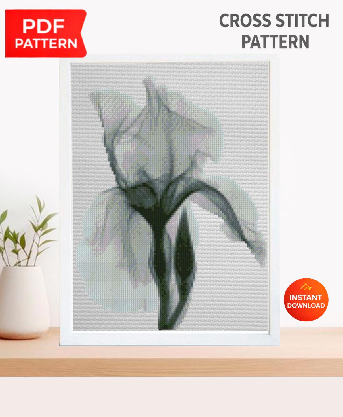 Minimalist Iris Cross Stitch Pattern PDF, Black & White Floral Embroidery Chart, Modern Botanical Hoop Decor, Instant Download pdf - NuttyHappyHobby