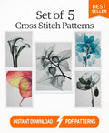 Modern Botanical Cross Stitch Pattern Set PDF, 5 Minimal Floral & Leaf Designs, Blackwork Style, Instant Download, Hoop Wall Art pattern pdf - NuttyHappyHobby