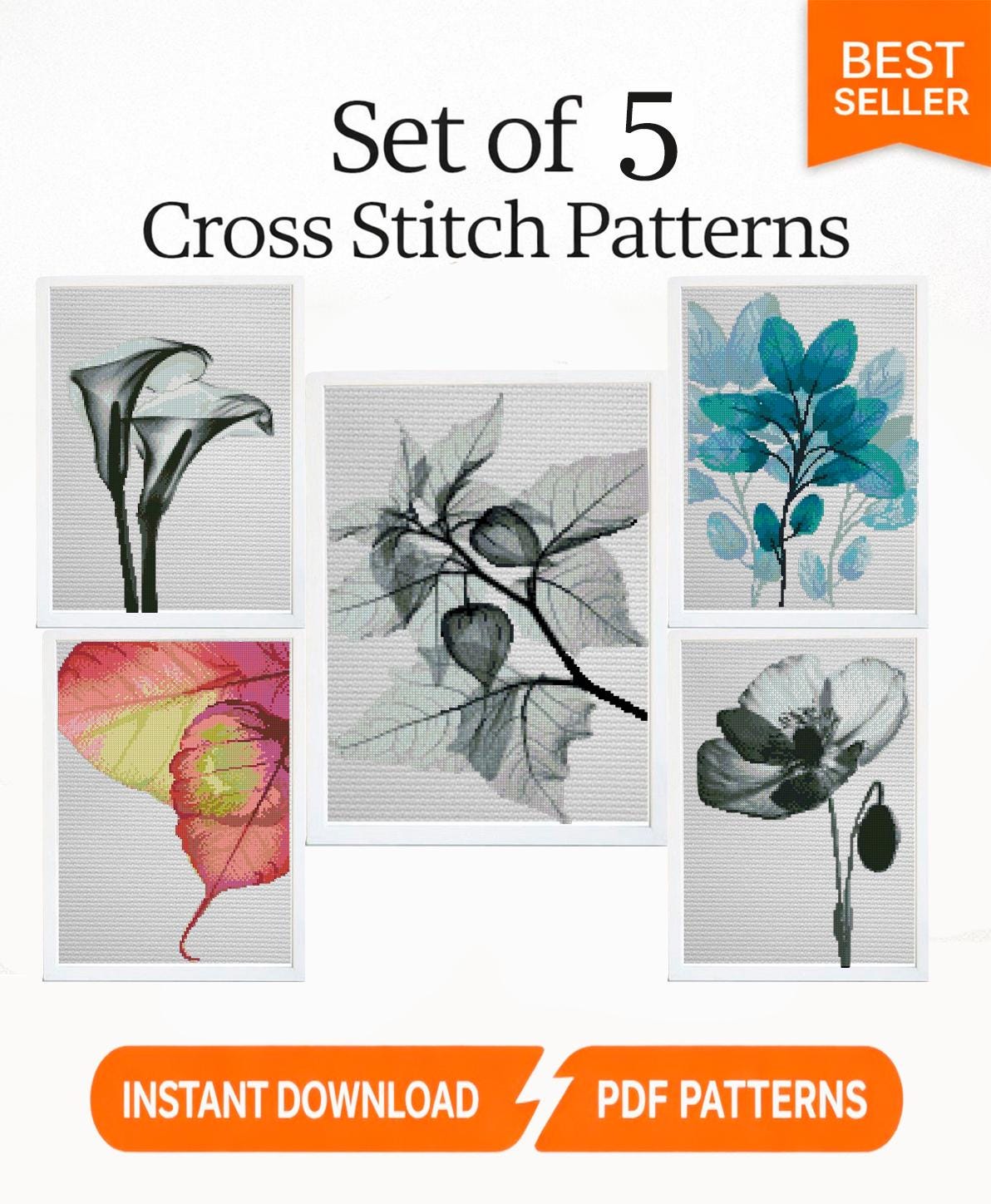 Modern Botanical Cross Stitch Pattern Set PDF, 5 Minimal Floral & Leaf Designs, Blackwork Style, Instant Download, Hoop Wall Art pattern pdf - NuttyHappyHobby